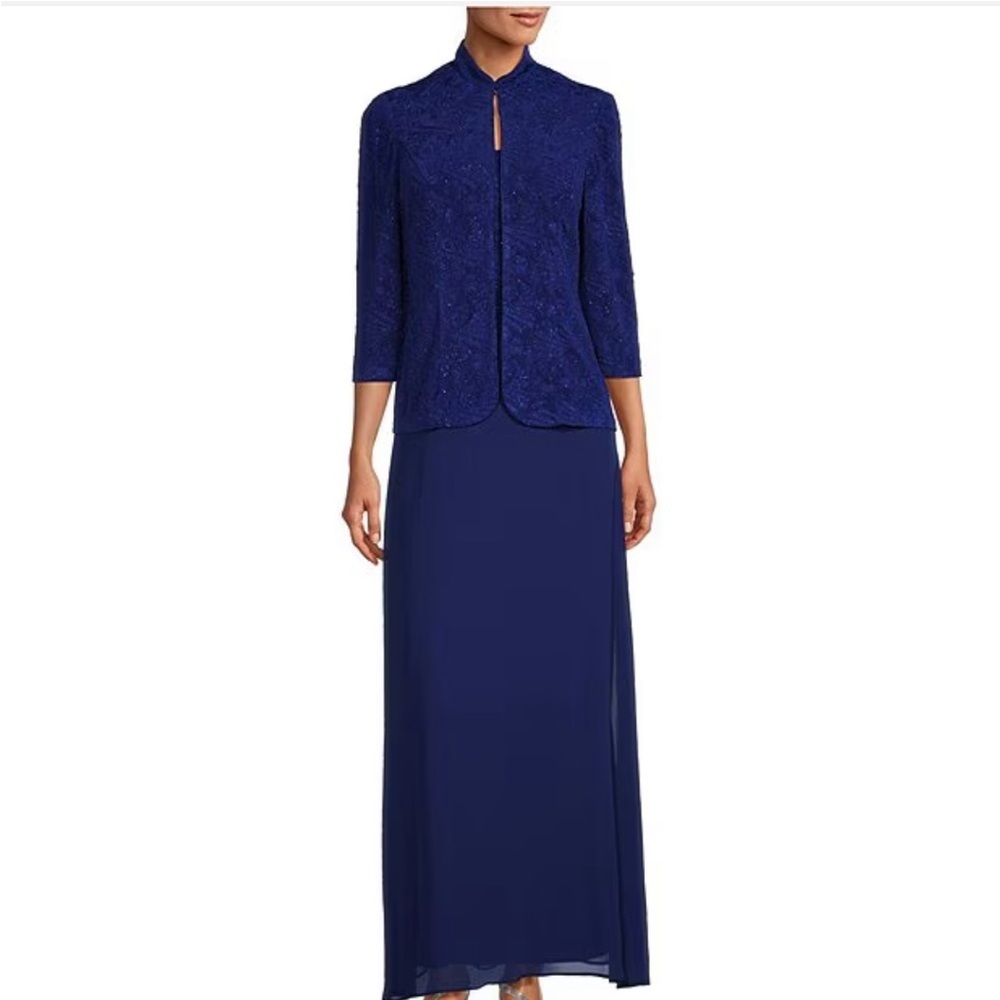 Glitter Embellished 3/4 Sleeve Square Neck Jacquard 2-Piece Jacket Gown